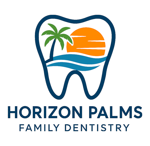 The image features a logo with a stylized tooth symbol, a graphic of a beach scene with palm trees and an orange sunset, and text reading  HORIZON PALMS FAMILY DENTISTRY.