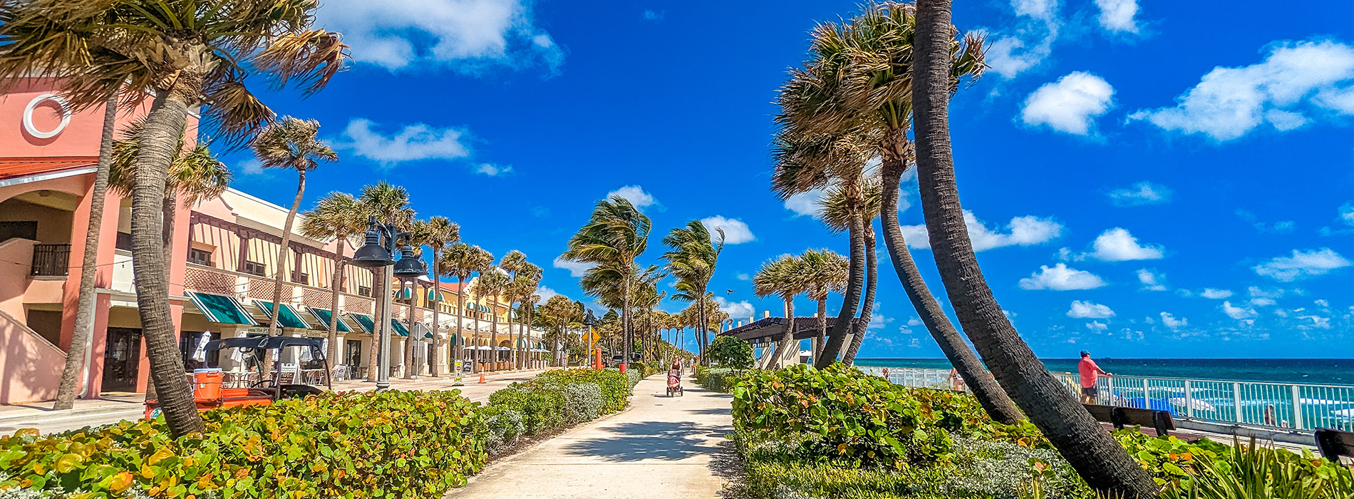 The image depicts a scenic tropical beachfront with palm trees, clear blue skies, and a boardwalk area with shops and restaurants, set against a backdrop of the ocean under a bright sun.
