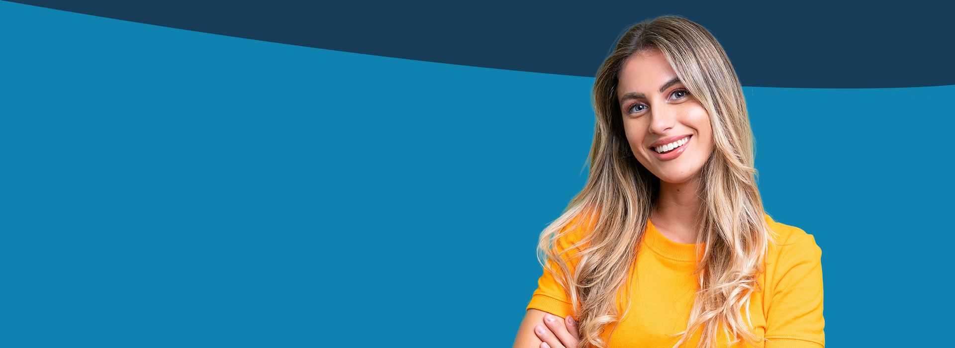 The image features a woman with long blonde hair smiling at the camera, wearing a yellow top, against a blue background with a wavy pattern.